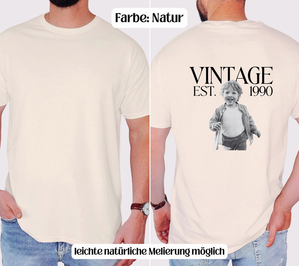 Vintage Foto Shirt Mann, Geburtstagsshirt personalisiert mit Kinderfoto, Vintage Est. Wunschjahr, Geschenk 30 40 50 Geburtstag Männer